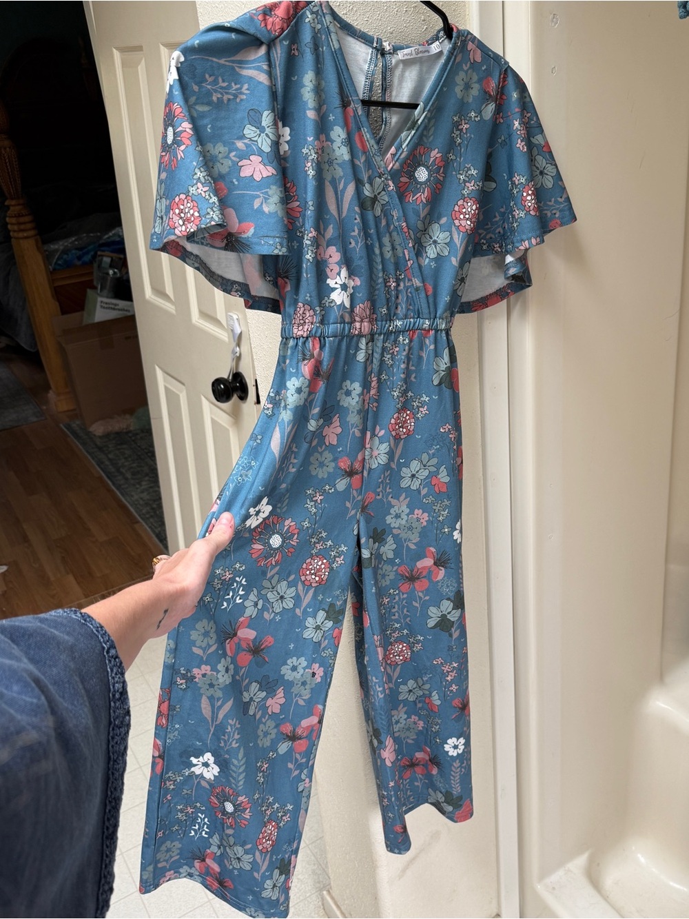 Trend Blossoms Girls Blue Pink Floral Capelet Flutter Sleeve Jumpsuit Size 10